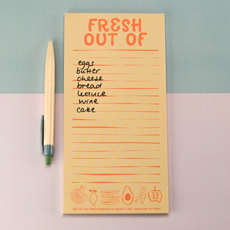 A shopping list pad with lined paper and the title 'Fresh out Of'.