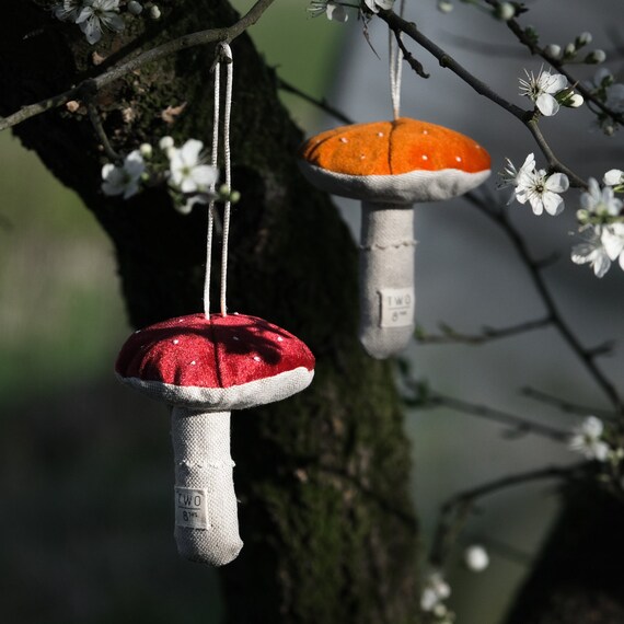 Set of Red Velvet Toadstool Decorations