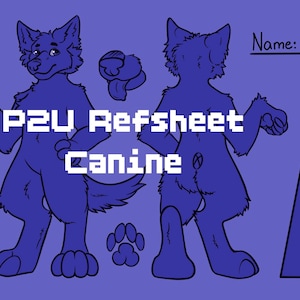 May include: A digital reference sheet for a canine character featuring front and back views, a paw print, an eye detail, and a nose detail. The text reads P2U Refsheet Canine, Name, and Colour. The background is a solid purple color.