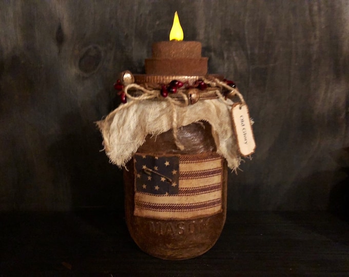 Primitive New England Light LED Tea Light Candle Holder with American Flag
