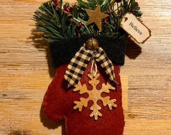 Primitive Winter Mitten Christmas Tree Ornament or Bowl Filler or Doorknob Hanger