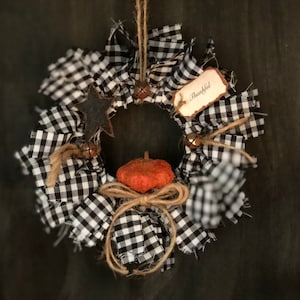 Black and White Buffalo Check Rag Wreath with  Pumpkin and Black Star Harvest / Ornie / Doorknob Hanger 6 inch