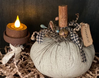 Primitive Tan Pumpkin with Farmhouse Teal Berries Ornie / Bowl Filler Shelf Sitter