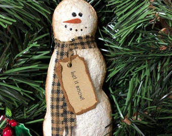 Primitive Snowman With Black Homespun Scarf Christmas Ornament