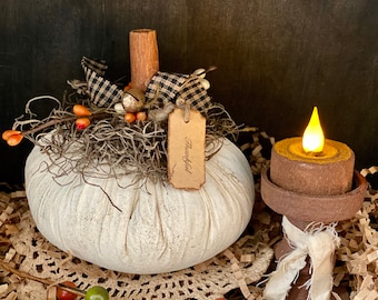 Primitive Farmhouse Antique White Pumpkin with Berries Ornie / Bowl Filler Shelf Sitter