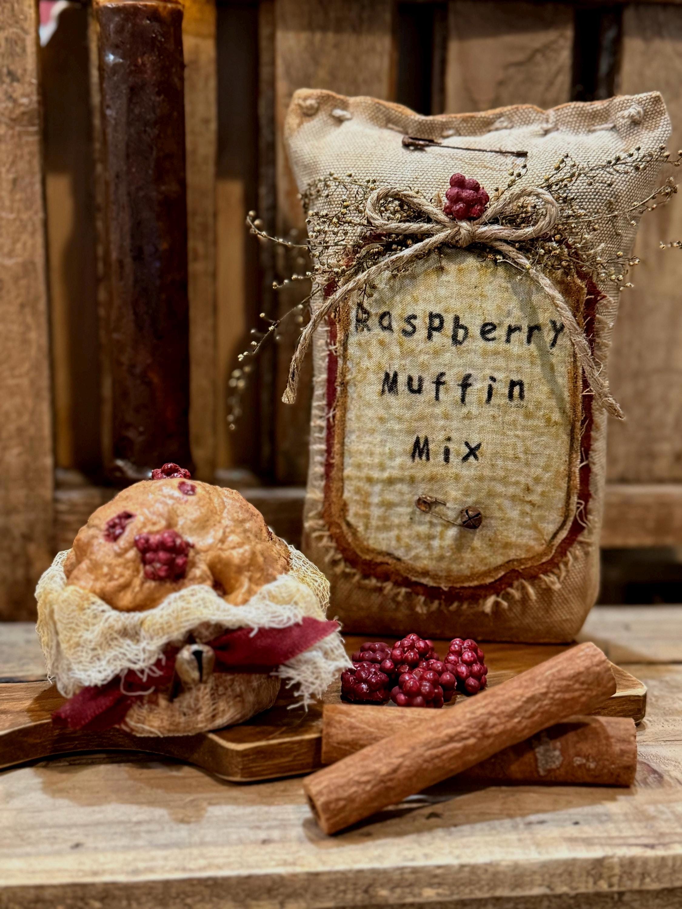 Primitive Raspberry Primitive Faux Raspberry Muffin and Raspberry Muffin Mix Sack Set Bowl ...