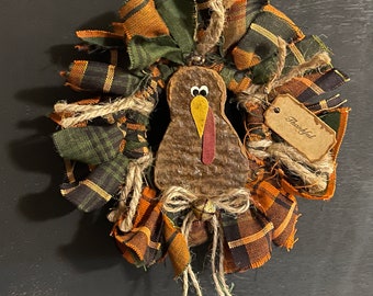 Prim Thanksgiving Homespun Rag Wreath with Turkey Doorknob Hanger 6 inch