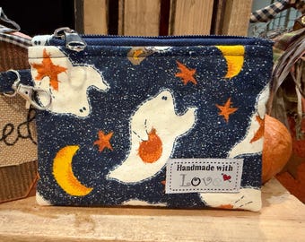 Halloween Ghost Compact Zipper Pouch / Keychain Wallet with Swivel Hook 6x4.5 inch