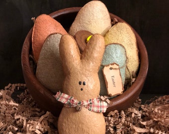 Primitive Farmhouse Easter Bunny with Grubby Pastel  Easter Eggs Bowl Fillers