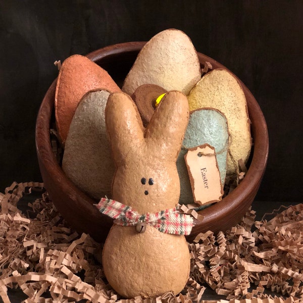 Primitive Farmhouse Easter Bunny with Grubby Pastel  Easter Eggs Bowl Fillers