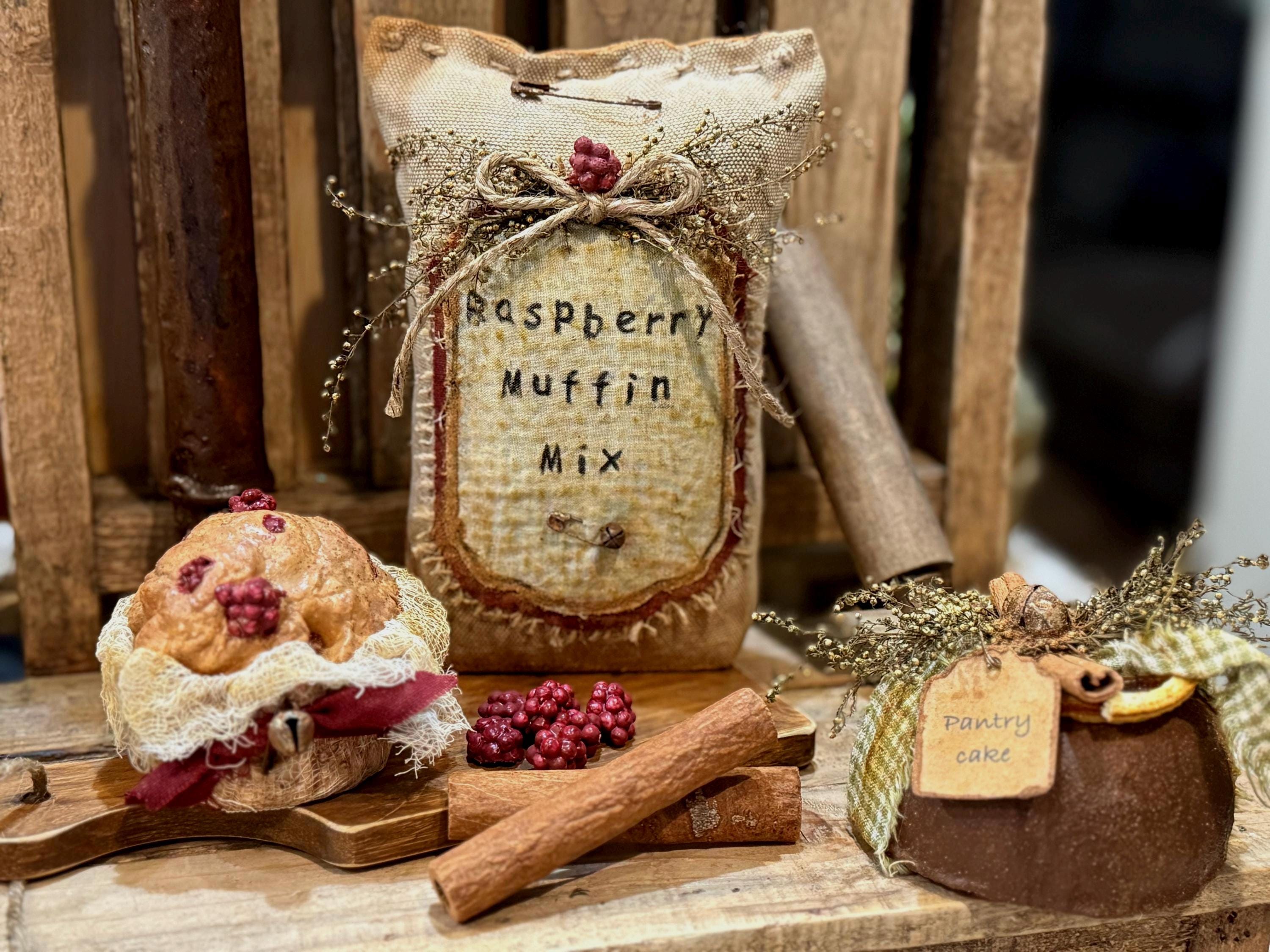 Primitive Raspberry Primitive Faux Raspberry Muffin and Raspberry Muffin Mix Sack Set Bowl ...