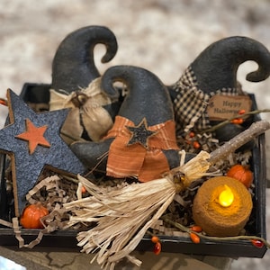 Primitive Witch Hats and Broom Halloween Bowl Fillers