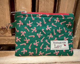 Candy Cane Christmas Themed Compact Zipper Pouch / Keychain Wallet with Swivel Hook 6x4.5 inch