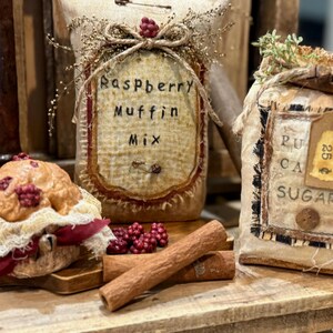 Primitive Raspberry Primitive Faux Raspberry Muffin and Raspberry Muffin Mix Sack Set Bowl ...