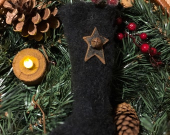 Primitive Black Faux Fur Christmas Stocking Ornament or Bowl Filler