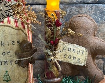 Primitive Grubby Candy Cane  LED Taper Candle and Holder Set  (1 candle, 1 holder) 6.5 inch Taper Candle