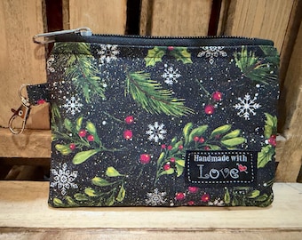 Glittery Christmas Themed Compact Zipper Pouch / Keychain Wallet with Swivel Hook 6x4.5 inch