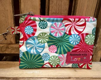 Pink Candy Christmas Themed Compact Zipper Pouch / Keychain Wallet with Swivel Hook 6x4.5 inch