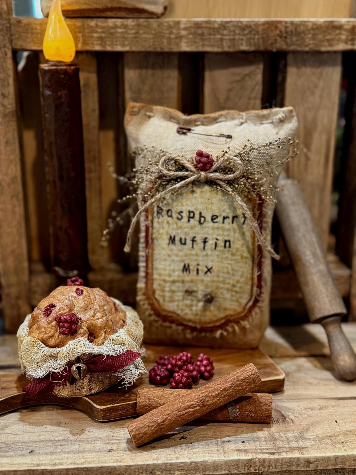 Primitive Raspberry Primitive Faux Raspberry Muffin and Raspberry Muffin Mix Sack Set Bowl ...