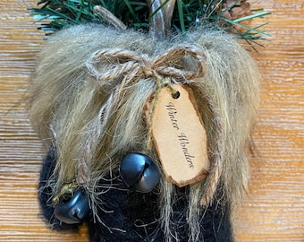 Primitive Black Faux Fur Winter Mitten With Faux Deer Antler Ornie / Bowl Filler / Doorknob Hanger