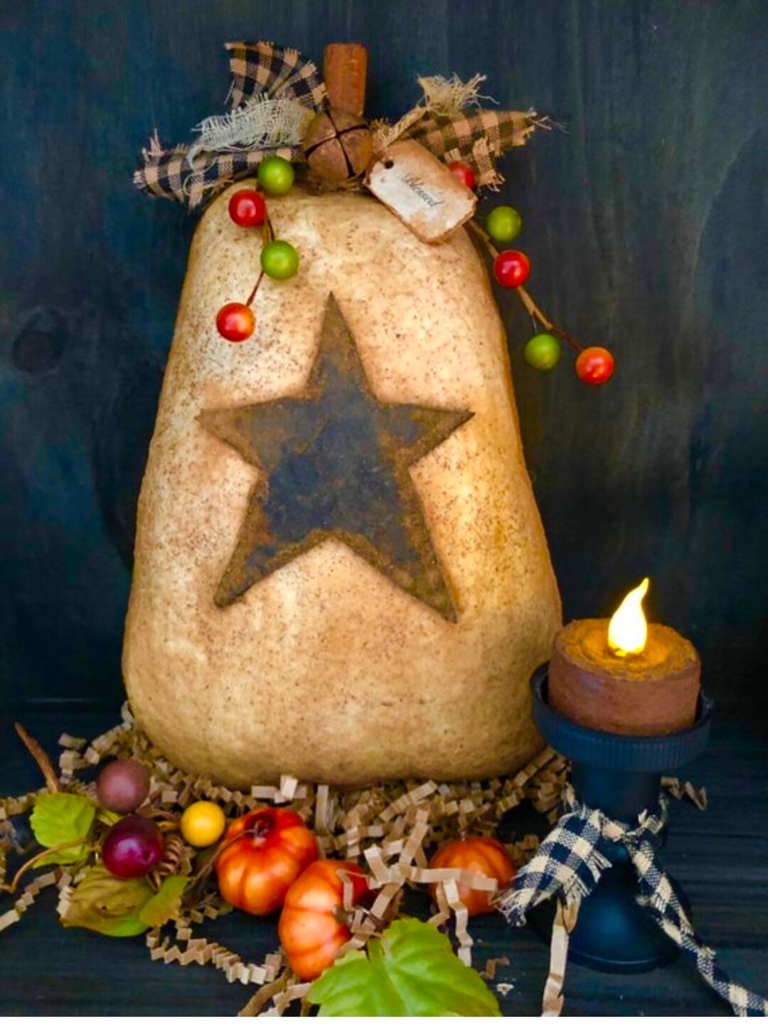 Primitive Buffalo Check Harvest / Fall Large Pumpkin With Black Star ...