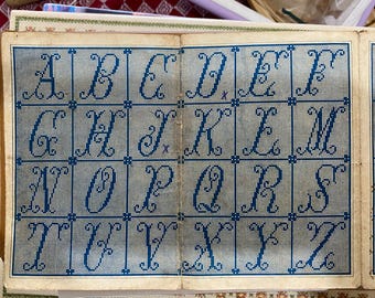 Può includere: Un libro vintage con un motivo a punto croce alfabeto blu sulla copertina. Le lettere sono in un font corsivo e sono circondate da un motivo a griglia.