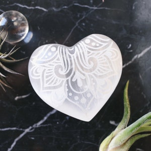 Selenite Meditation Healing Heart Stone Etched with Indian henna mehndi design "Way of the Heart" Valentine's  Day Gift