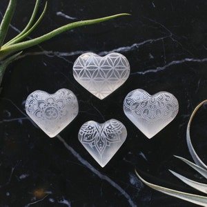 ADORABLE! Small Etched Selenite Heart Sacred Geometry Henna Mandala