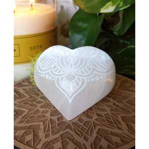 Selenite Meditation Healing Heart Stone Etched with Indian henna mendhi design "Fierce Love" Valentine's Day Gift