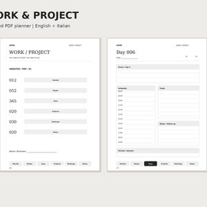 May include: A digital undated PDF planner titled WORK & PROJECT in English and Italian. The layout features two pages: one for project tracking with numbered categories and another for daily scheduling with sections for tasks, notes, and focus.