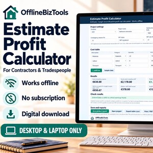 Può includere: Un monitor di computer che mostra l'interfaccia del software Estimate Profit Calculator di OfflineBizTools, con impostazioni di progetto, una tabella dei costi e risultati finanziari, indicato come download digitale.