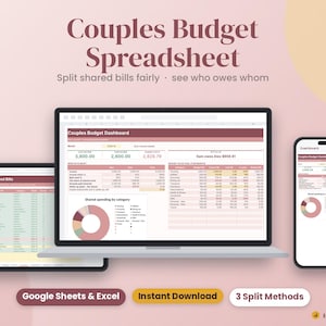 Couples Budget Spreadsheet Google Sheets & Excel, Shared Bills Split Tracker, Joint Monthly Budget Planner, Savings Goals Dashboard