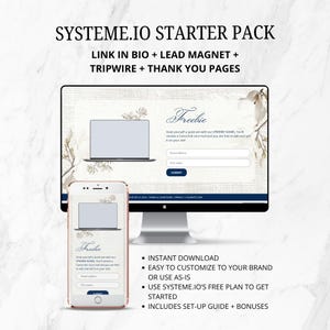 Könnte beinhalten: Ein digitales Marketing-Vorlagen-Set mit dem Titel SYSTEME.IO STARTER PACK, bestehend aus einem Desktop-Monitor und einem Smartphone, die eine Landingpage mit einem Freebie-Formular, E-Mail- und Namensfeldern sowie einem Button anzeigen.