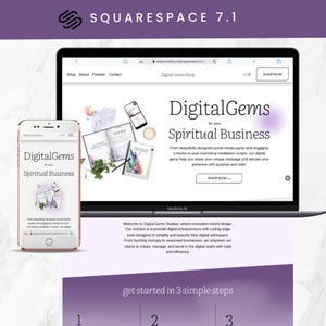 May include: A laptop and smartphone display a website for "Digital Gems," a spiritual business. The website features the text "Digital Gems for your Spiritual Business" and offers social media packs and e-books. The background is white and purple.