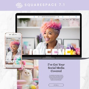 May include: A laptop and smartphone show a website with the text "JOLEENE MONKTON" and a photo of a woman with pink and purple hair. The website's headline reads "I've Got Your Social Media Covered."