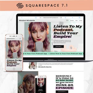 May include: A laptop and a smartphone screen display a podcast website with a pink and white colour scheme. The website features a woman with pink hair speaking into a microphone. The text on the website reads "Listen To My Podcast, Build Your Empire!" and "Mindset Mirabelle".