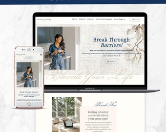 May include: A Systeme.io website blog template displayed on a laptop and a smartphone screen. The design features a neutral color palette, serif typography, and imagery of a person in a kitchen. Text includes Break Through Barriers and Elevate Your Life.