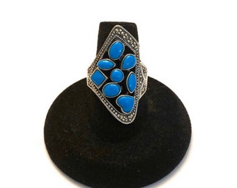Simulated Turquoise and Marcasite Ring, Sterling Silver Statement Ring Size 8