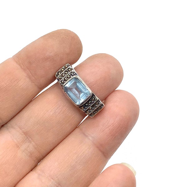 Blue Topaz and Marcasite Ring, Sterling Silver Ring Size 7