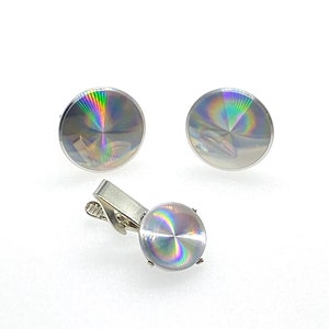 Shiny Disc Cufflinks, Iridescent Silvertone Circle Cuff Links and Tie Clip Set