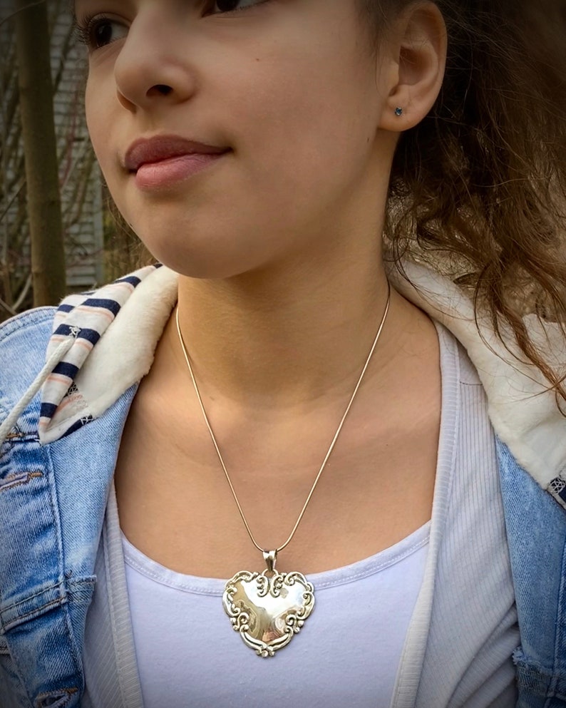 Sterling Silver Necklace, Flower Heart Pendant on Snake Chain image 3