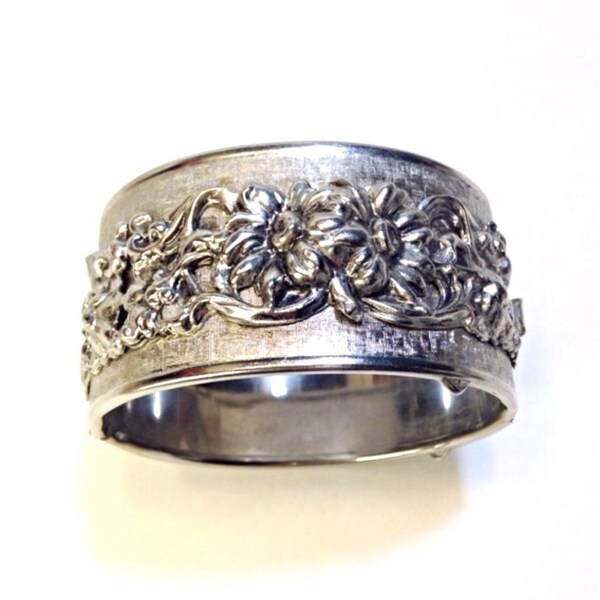Vintage Cuff Bracelet, Hinged Etched Textured Silvertone Bangle with Raised Flower Design
