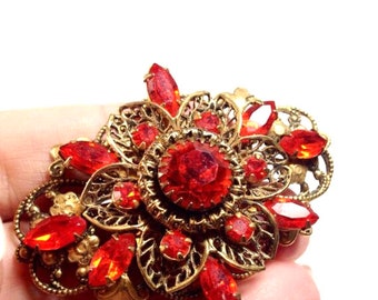 Orange Red Rhinestone Brooch, Vintage Victorian Style Pin
