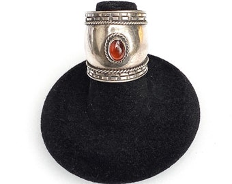 Garnet Sterling Silver Ring, Cigar Band, Bali Style Ring, Size 7