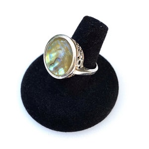 Abalone Ring in Sterling Silver, Paua Shell Filigree Circle Design, Size 8