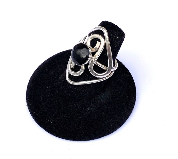 Sterling Silver Abstract Ring, Simulated Onyx, Sc… - image 4