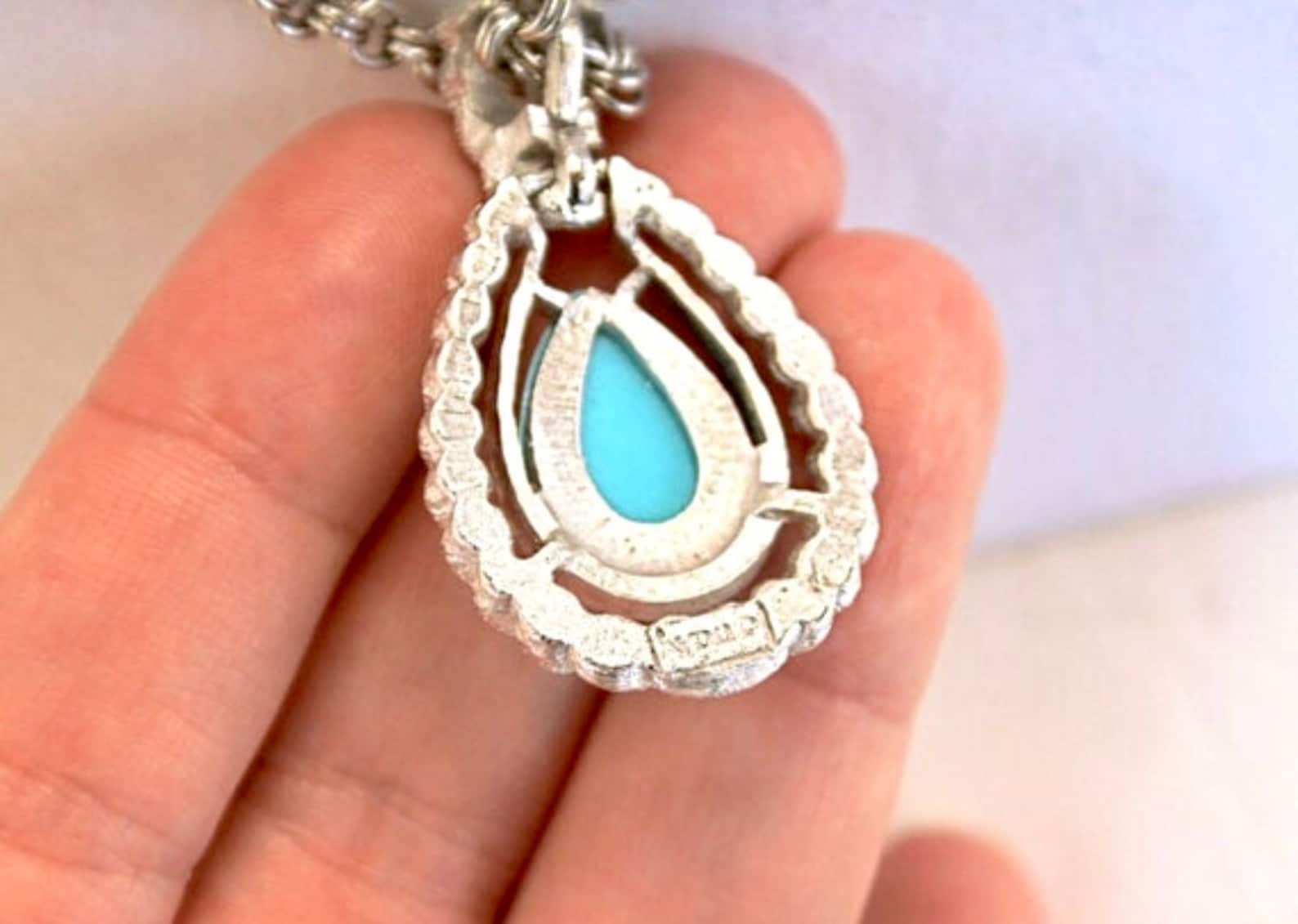 Faux Turquoise Necklace Silvertone Rope Teardrop Pendant by Etsy