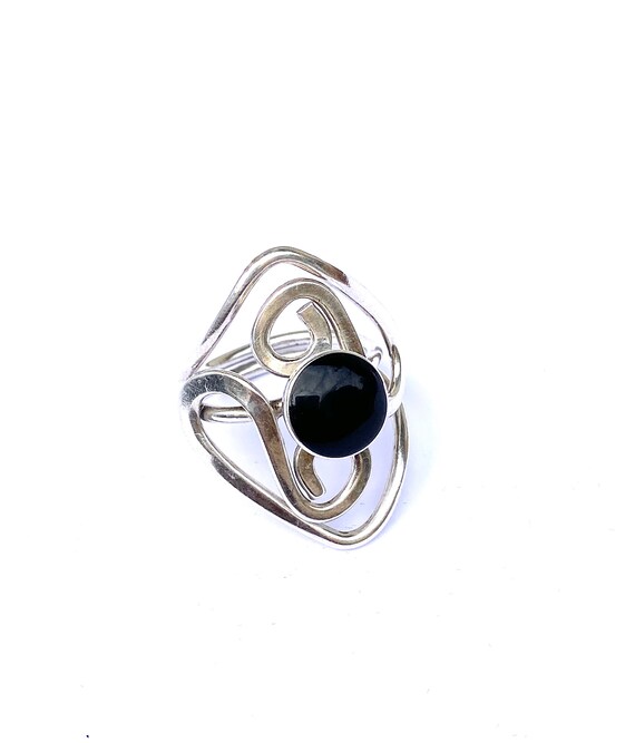 Sterling Silver Abstract Ring, Simulated Onyx, Sc… - image 6