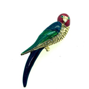 Spilla per uccelli, spilla per pappagallo smaltata e strass, spilla per uccelli vintage color oro blu verde e rosso