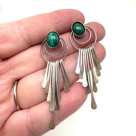 Sterling Silver Malachite Dangle Post Earrings - image 6
